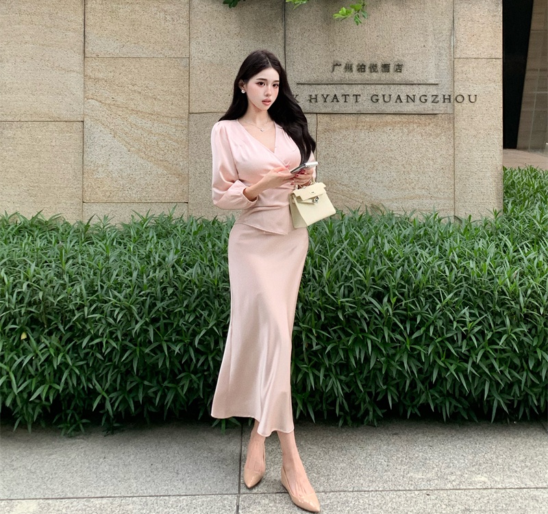 Temperament long sleeve skirt satin tops 2pcs set for women