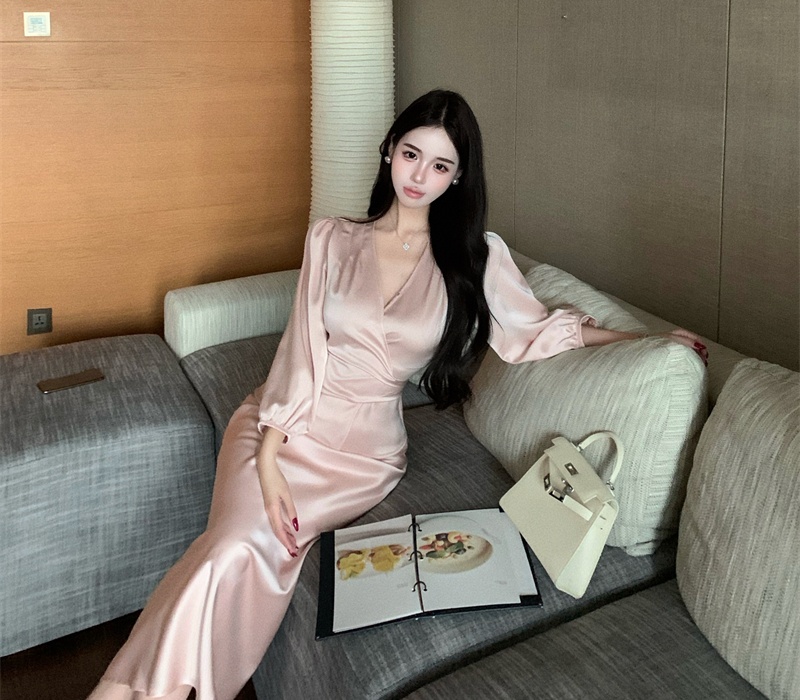 Temperament long sleeve skirt satin tops 2pcs set for women