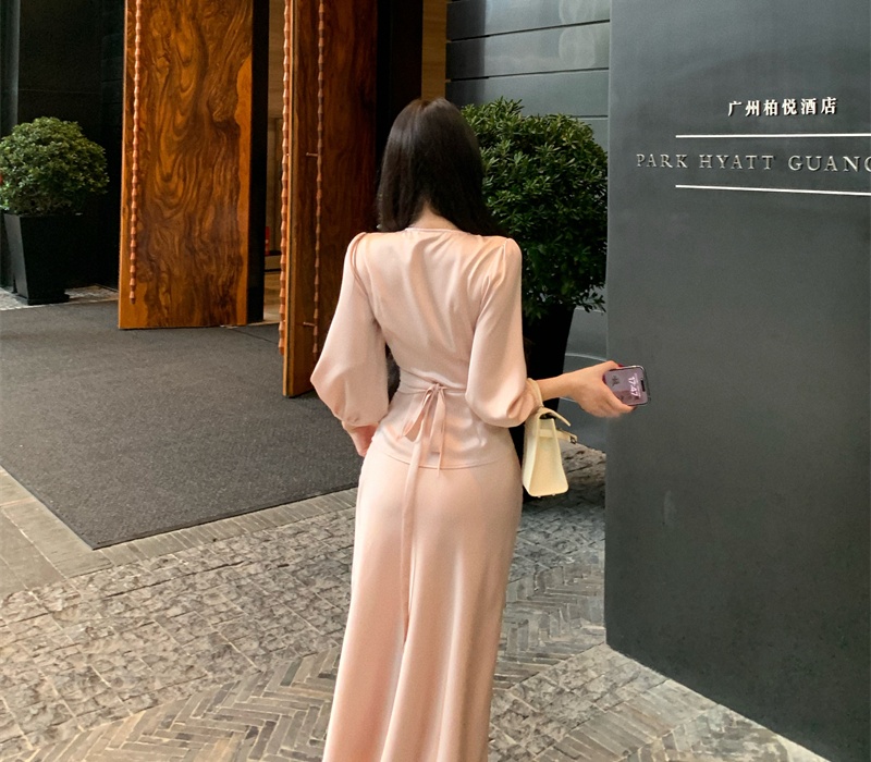 Temperament long sleeve skirt satin tops 2pcs set for women