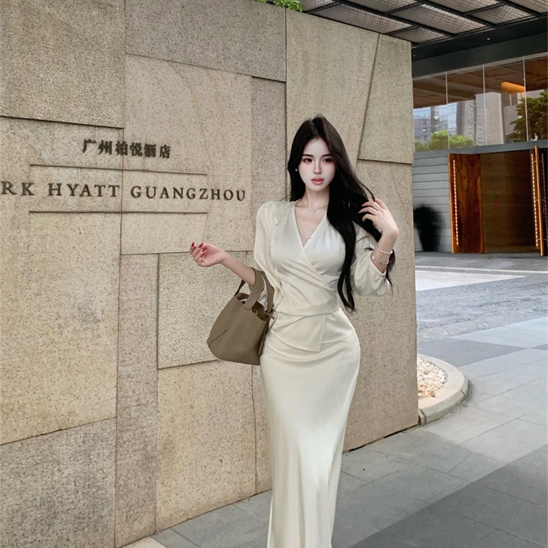 Temperament long sleeve skirt satin tops 2pcs set for women