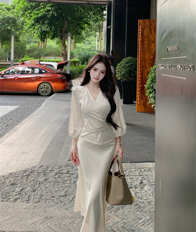 Temperament long sleeve skirt satin tops 2pcs set for women