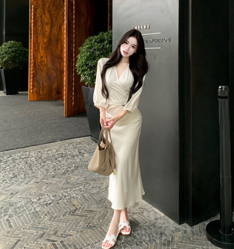 Temperament long sleeve skirt satin tops 2pcs set for women