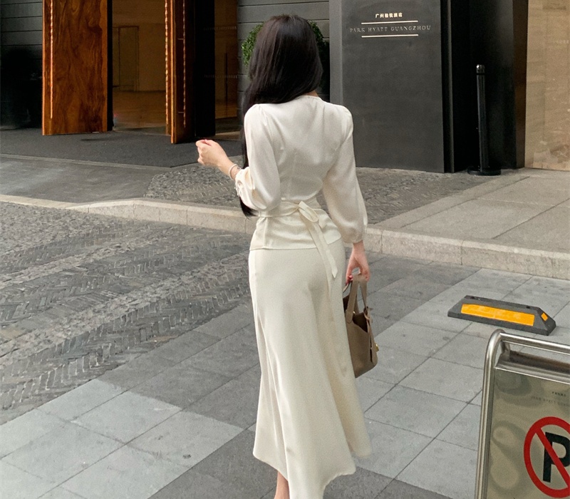 Temperament long sleeve skirt satin tops 2pcs set for women