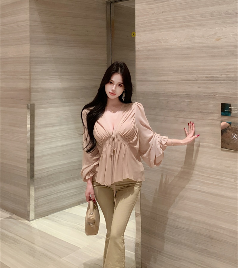 Tender enticement chiffon shirt fold V-neck tops