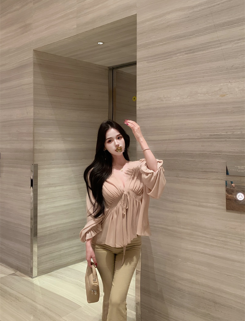 Tender enticement chiffon shirt fold V-neck tops