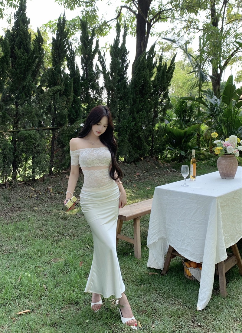 Stereoscopic tops flat shoulder short skirt 2pcs set