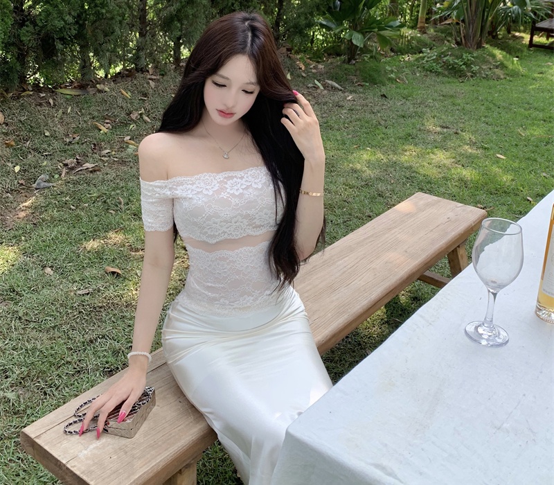 Stereoscopic tops flat shoulder short skirt 2pcs set