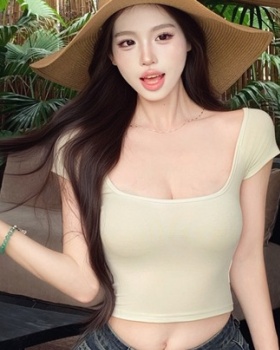 Spring and summer U-neck tops all-match short T-shirt