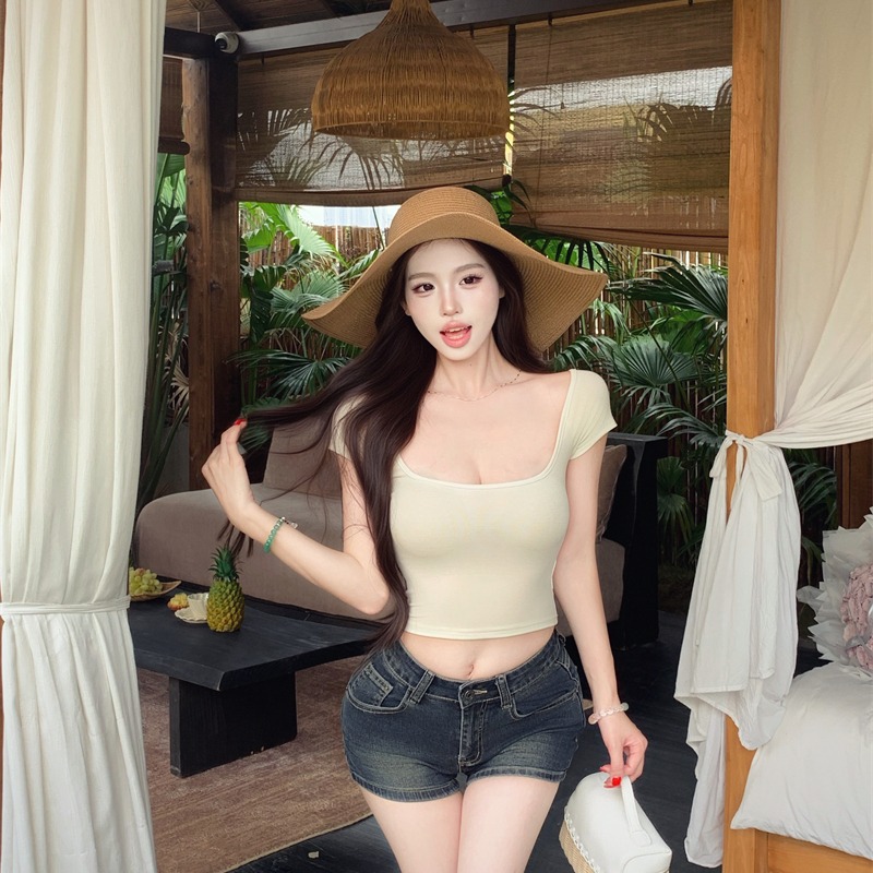 Spring and summer U-neck tops all-match short T-shirt