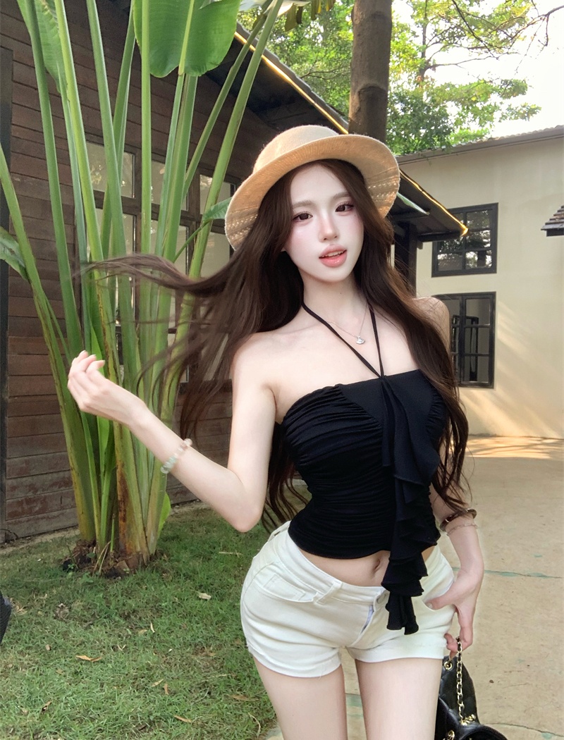 Wrapped chest lotus leaf edges frenum knitted tops