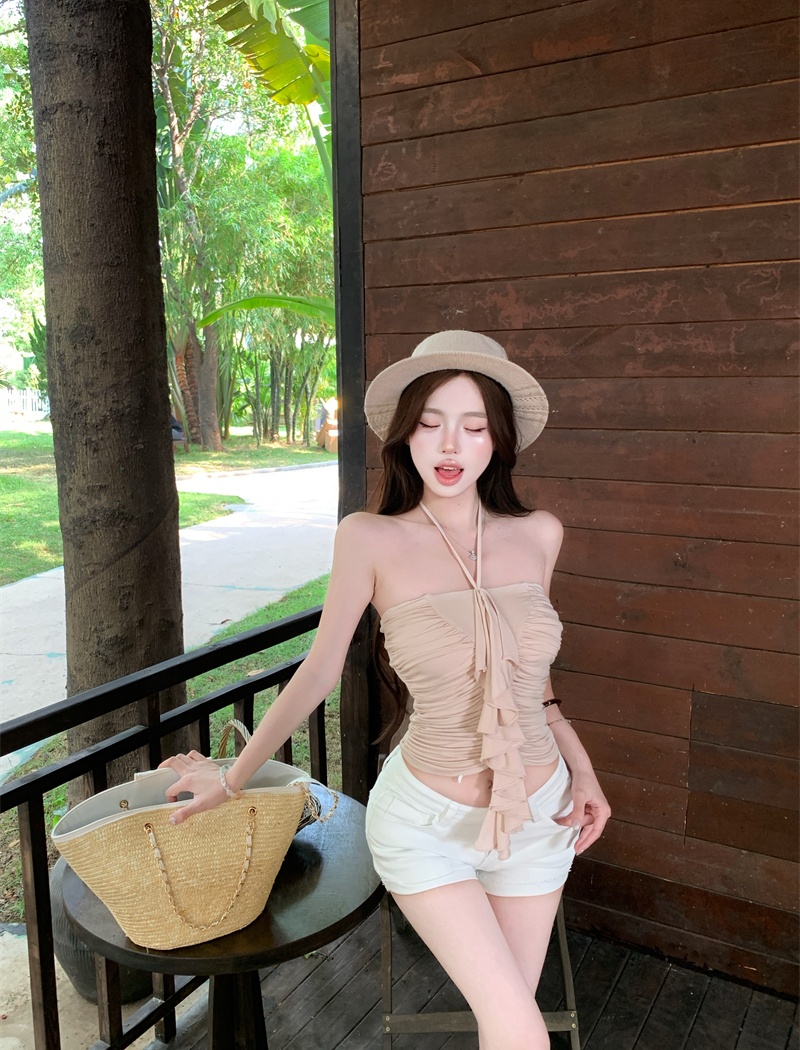 Wrapped chest lotus leaf edges frenum knitted tops