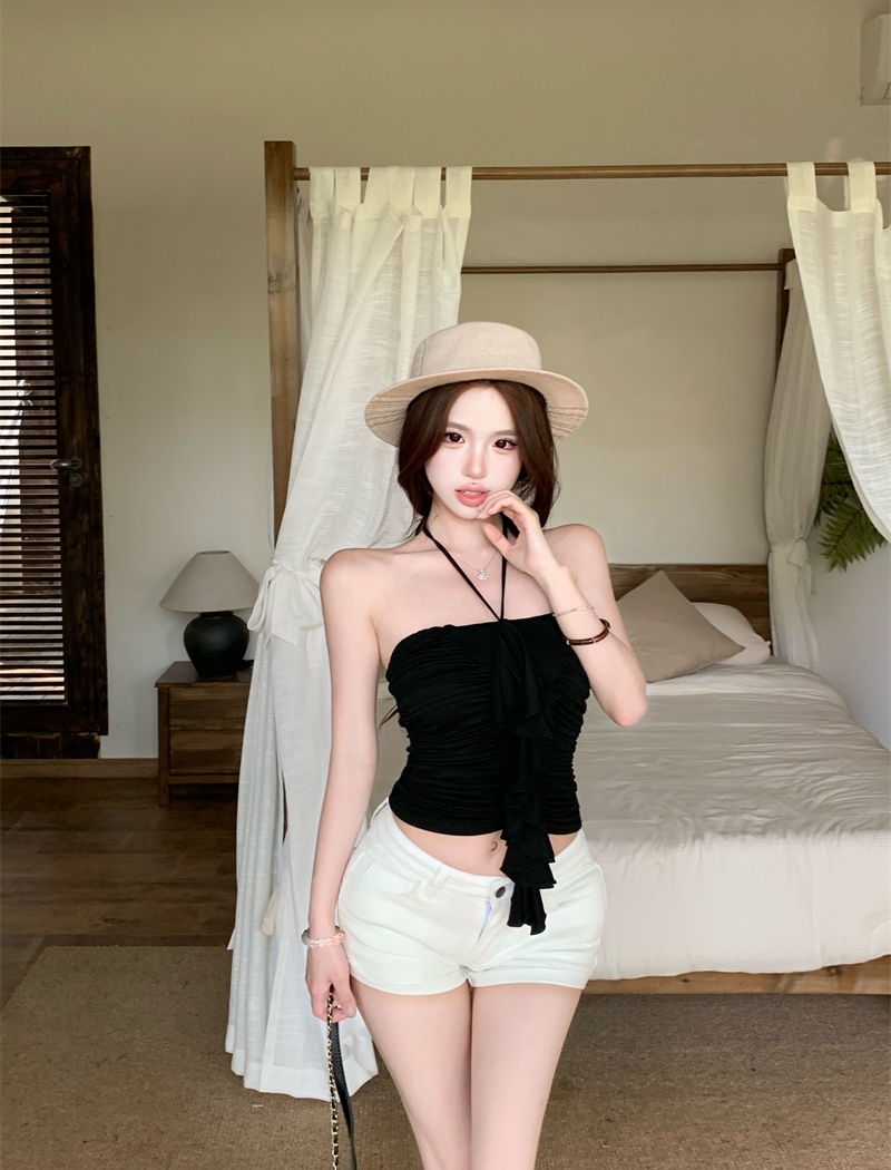 Wrapped chest lotus leaf edges frenum knitted tops