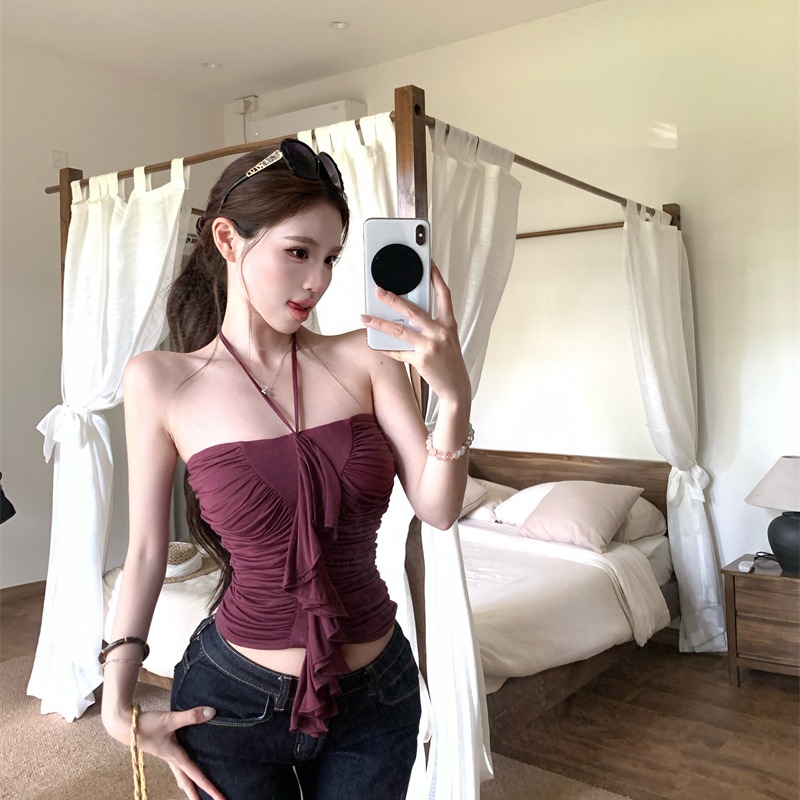 Wrapped chest lotus leaf edges frenum knitted tops