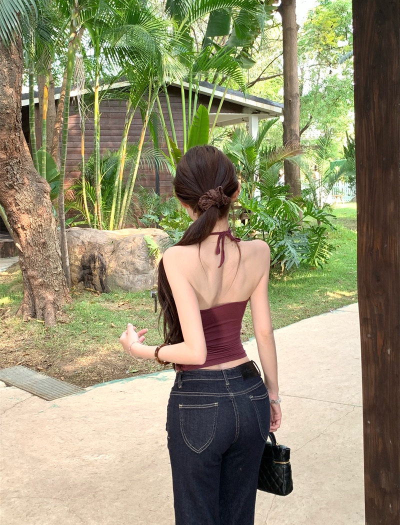 Wrapped chest lotus leaf edges frenum knitted tops