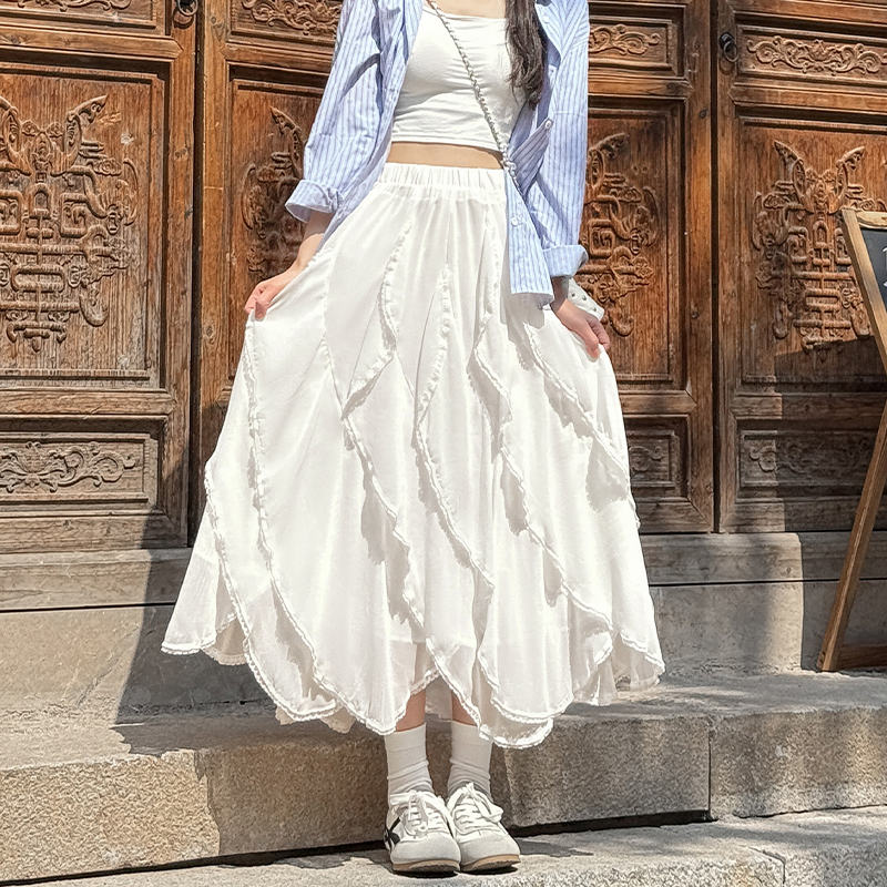 High waist lace skirt irregular summer long skirt for women