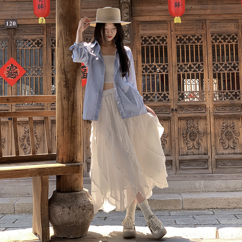 High waist lace skirt irregular summer long skirt for women