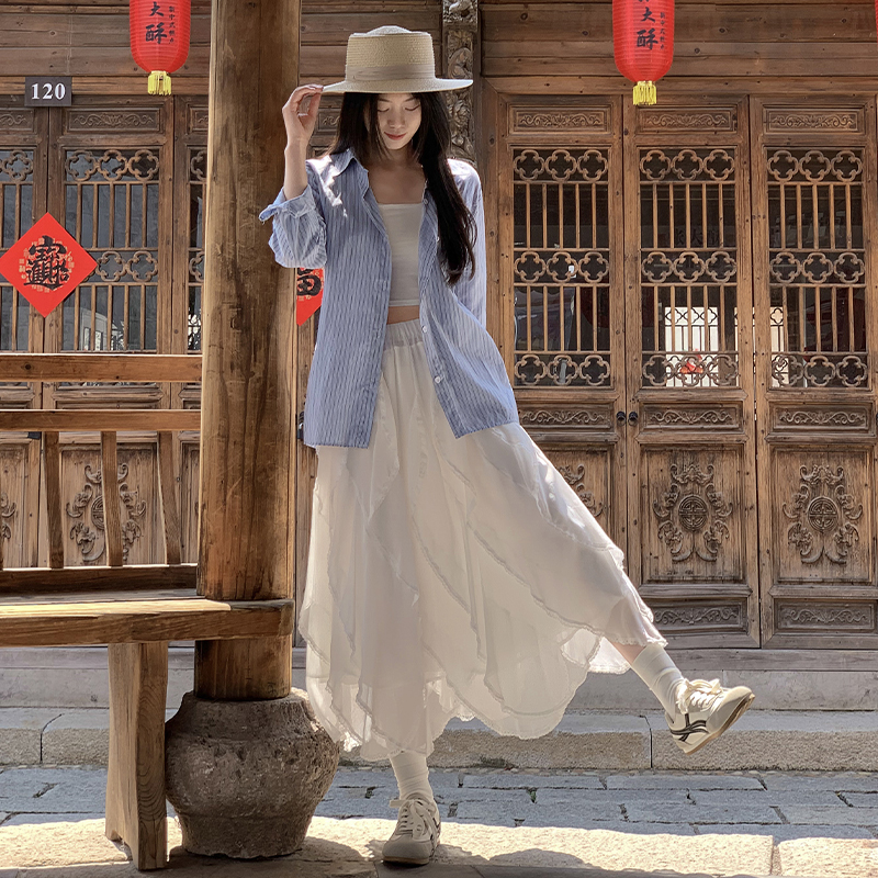 High waist lace skirt irregular summer long skirt for women