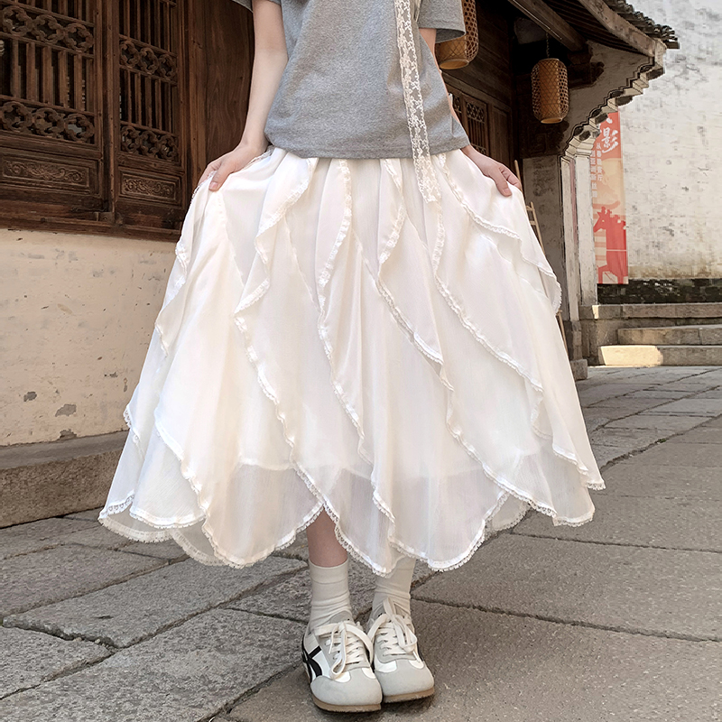 High waist lace skirt irregular summer long skirt for women