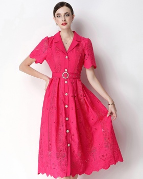 Elegant France style retro temperament embroidery lapel dress