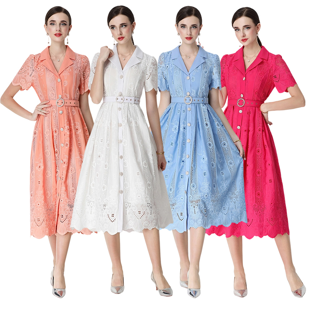 Elegant France style retro temperament embroidery lapel dress