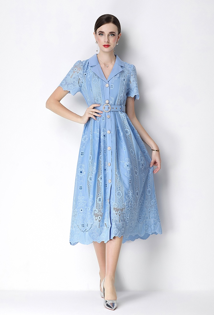 Elegant France style retro temperament embroidery lapel dress