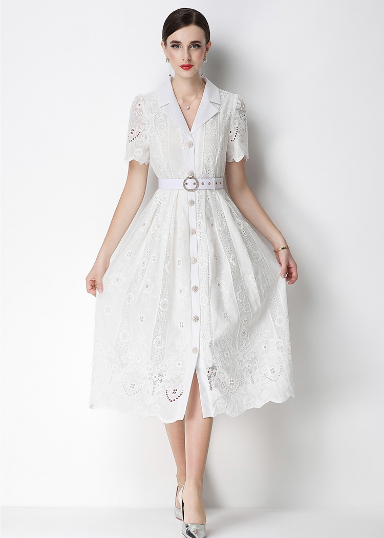 Elegant France style retro temperament embroidery lapel dress