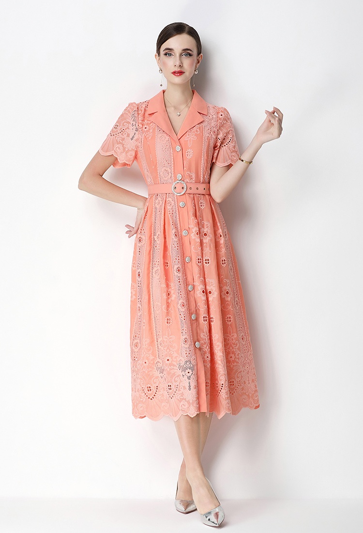 Elegant France style retro temperament embroidery lapel dress