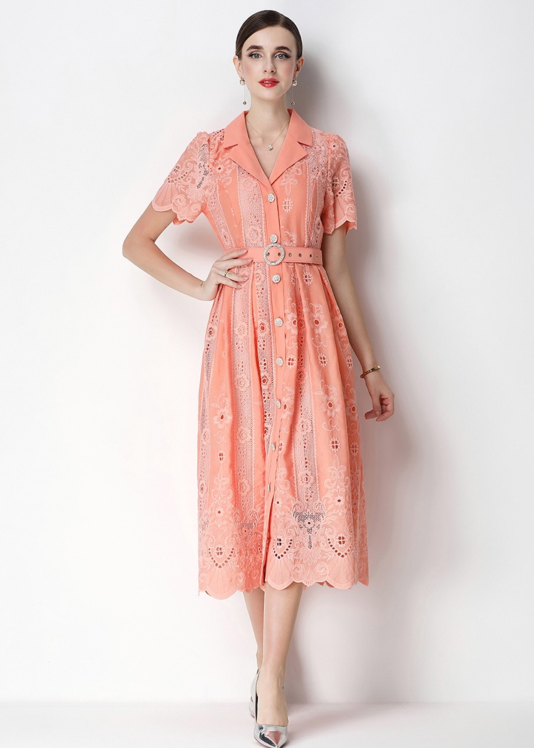 Elegant France style retro temperament embroidery lapel dress