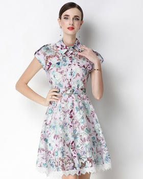 France style temperament lapel crochet summer hollow dress