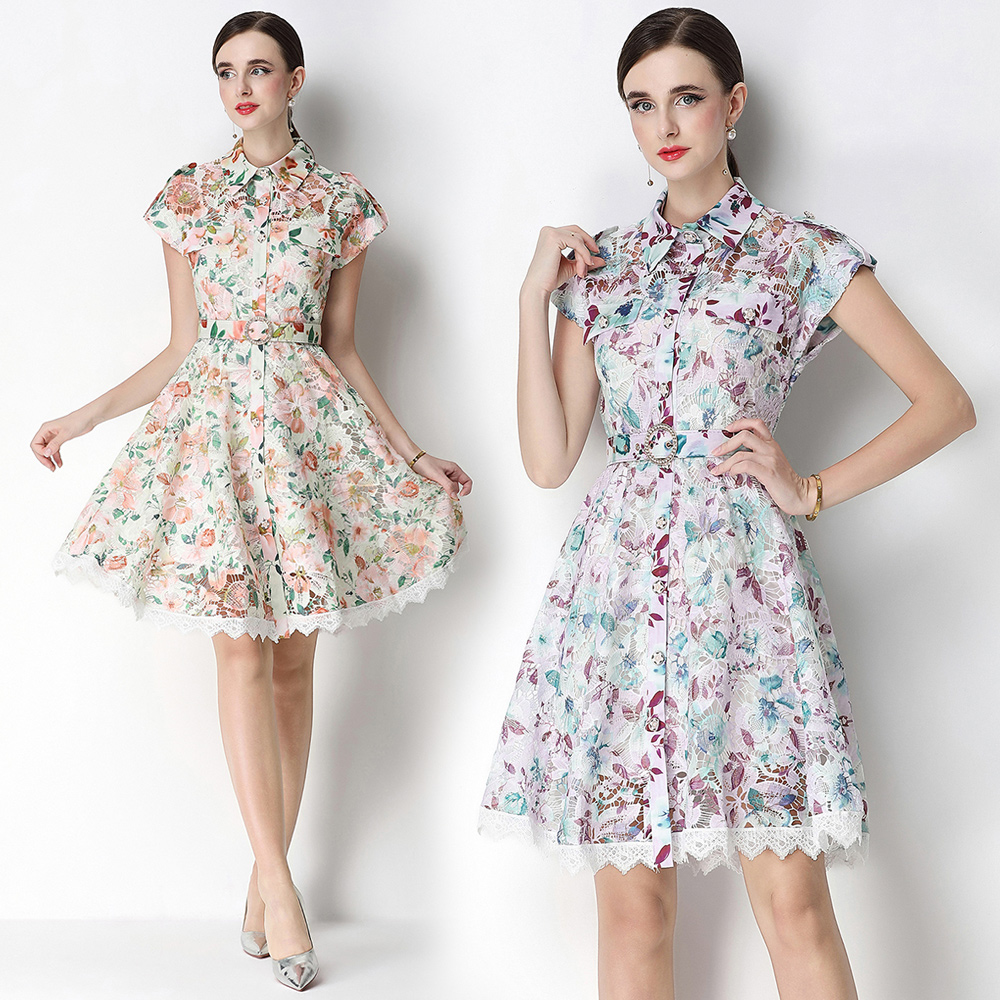 France style temperament lapel crochet summer hollow dress