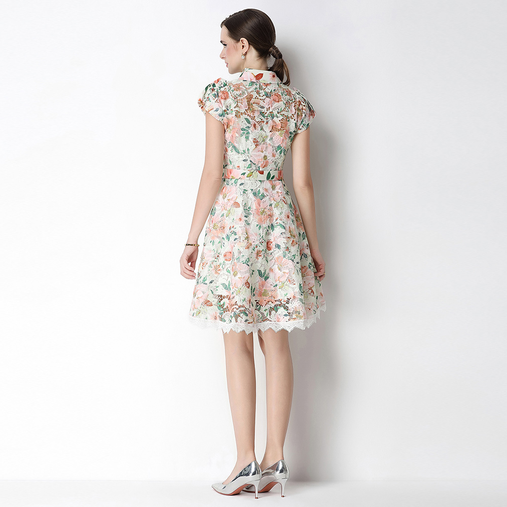 France style temperament lapel crochet summer hollow dress