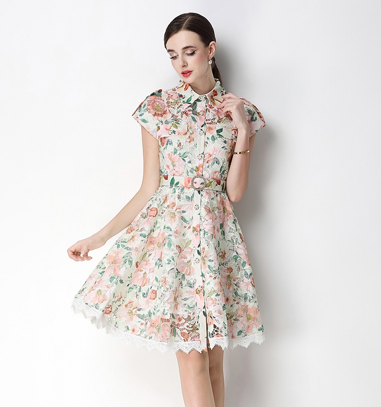 France style temperament lapel crochet summer hollow dress