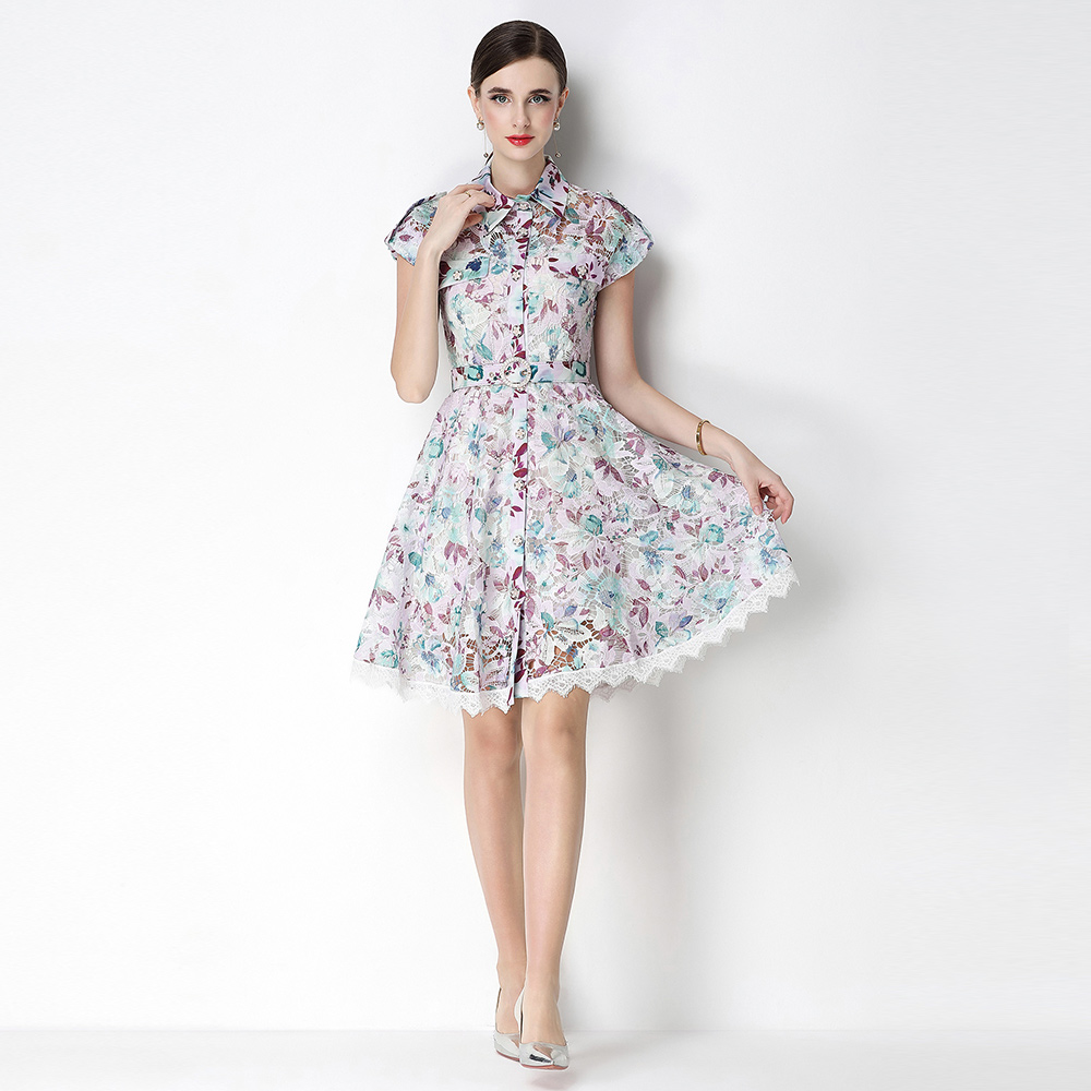 France style temperament lapel crochet summer hollow dress