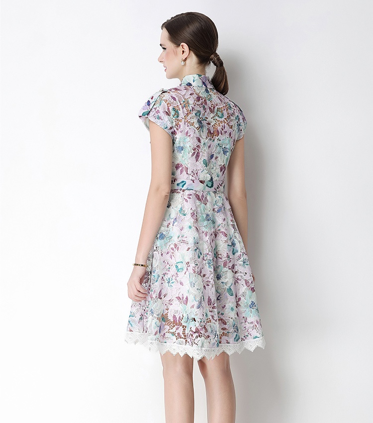 France style temperament lapel crochet summer hollow dress