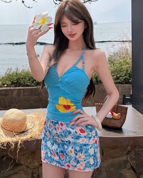 Pinched waist slim V-neck vest floral printing skirt