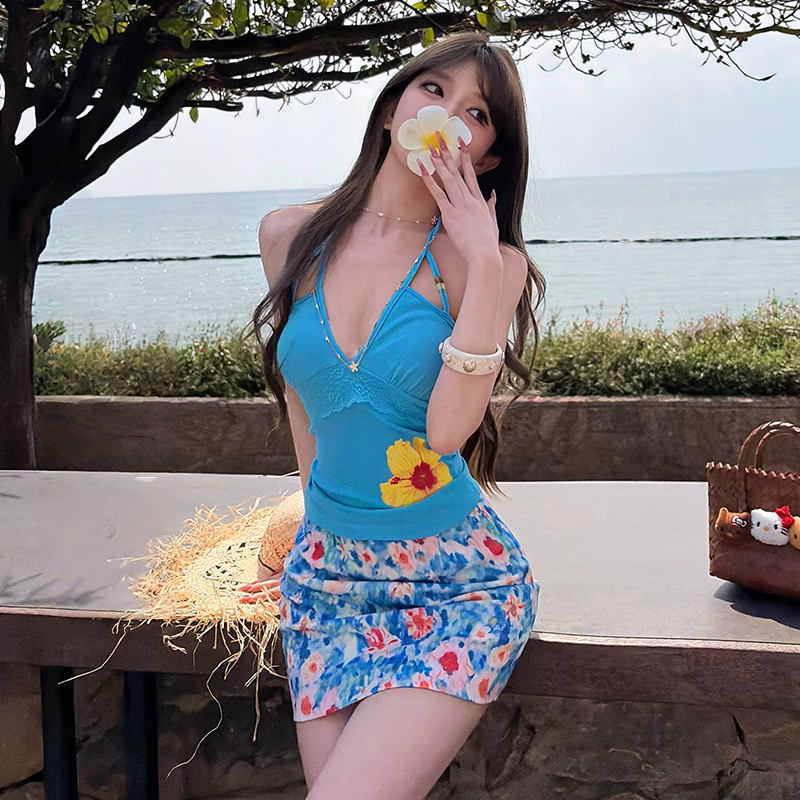 Pinched waist slim V-neck vest floral printing skirt