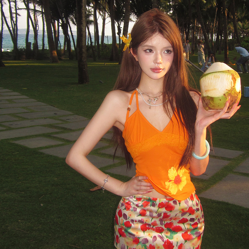 Pinched waist slim V-neck vest floral printing skirt