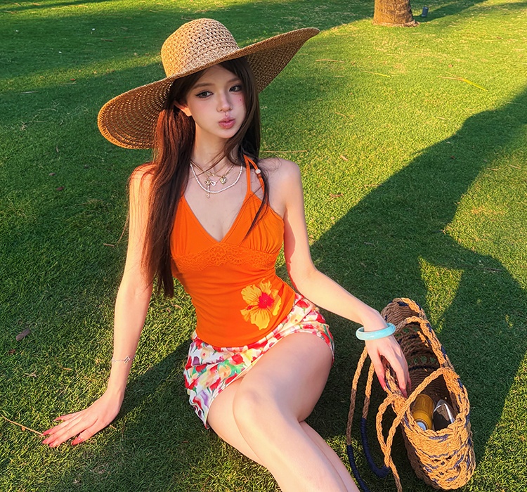 Pinched waist slim V-neck vest floral printing skirt