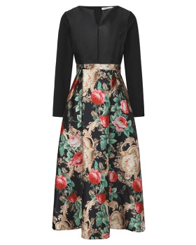 Splice long sleeve jacquard dress spring retro formal dress