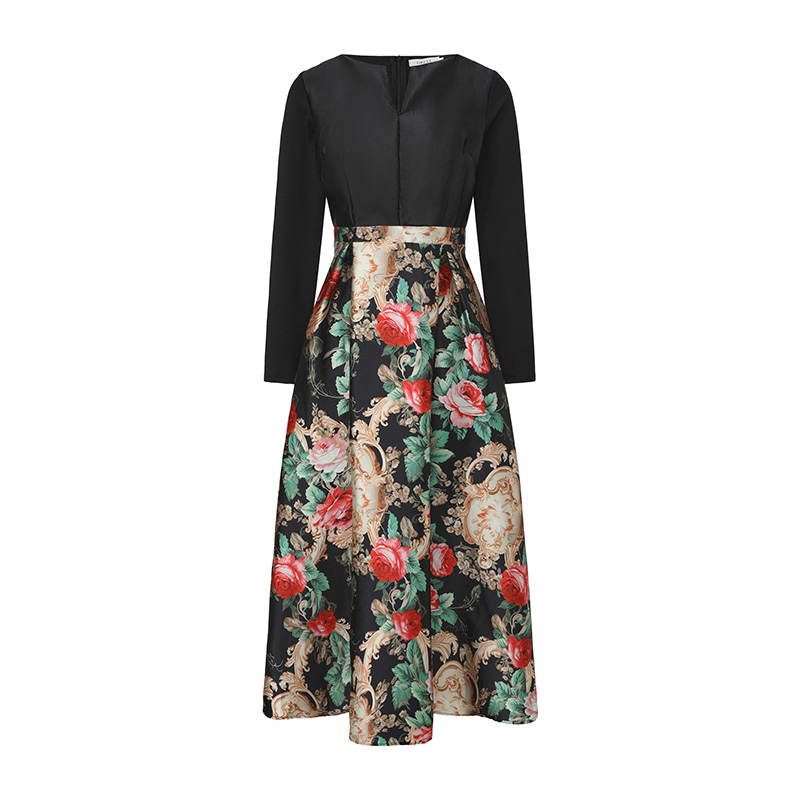 Splice long sleeve jacquard dress spring retro formal dress