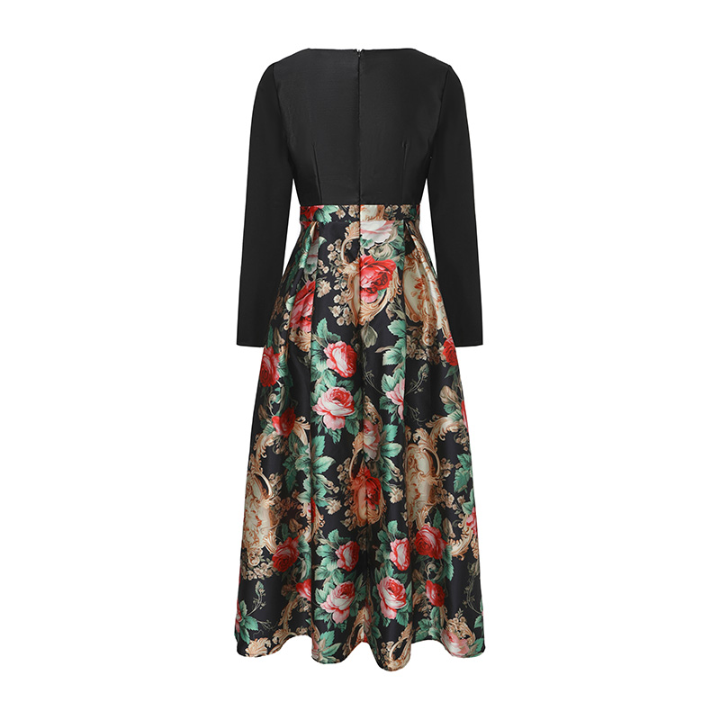 Splice long sleeve jacquard dress spring retro formal dress