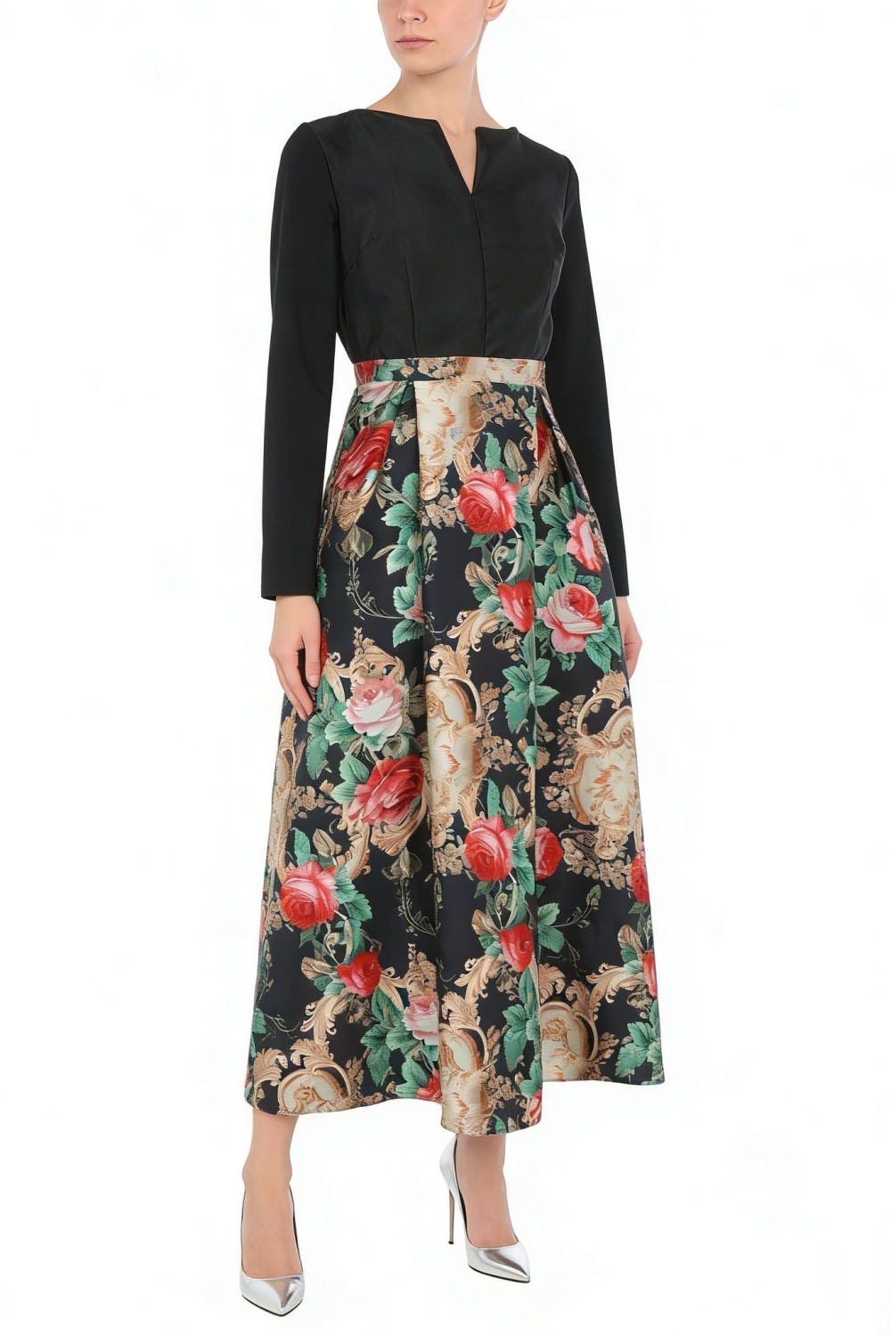 Splice long sleeve jacquard dress spring retro formal dress