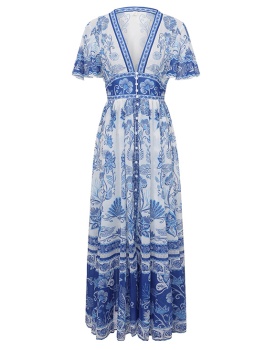 Vacation spring and summer pinched waist V-neck dress