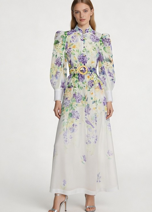 Lace flowers puff sleeve spring and summer dress