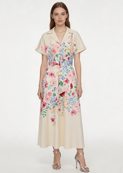 Painting vacation V-neck spring and summer flowers long dress