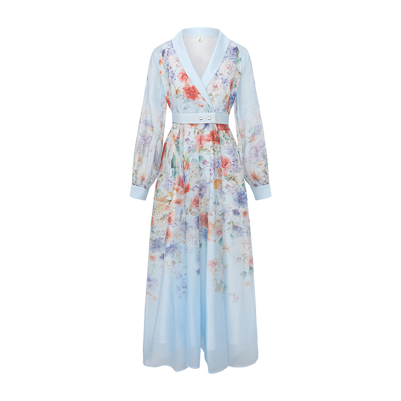 Spring printing retro canvas long sleeve long dress