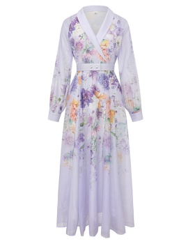 Fruit collar long retro canvas printing spring retro dress