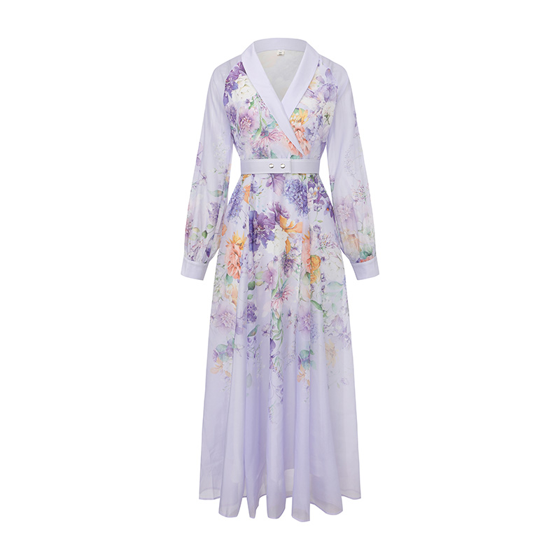 Fruit collar long retro canvas printing spring retro dress