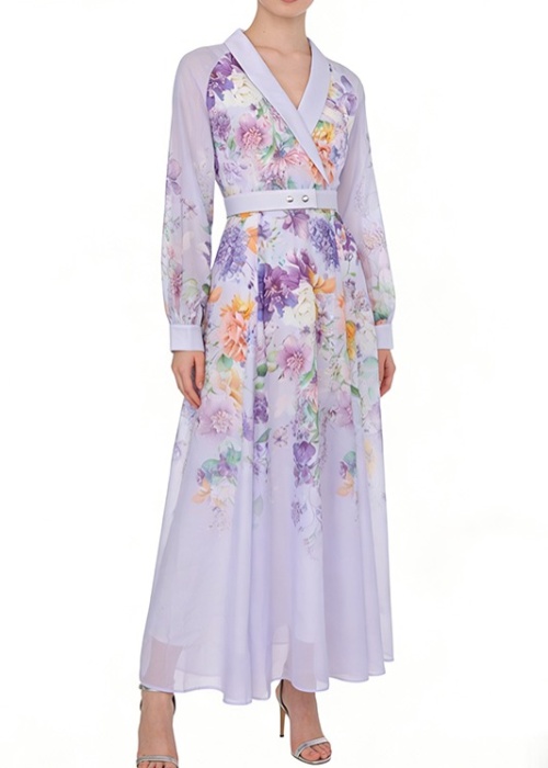 Fruit collar long retro canvas printing spring retro dress