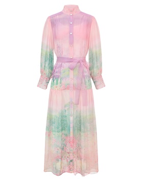 Cstand collar retro lantern sleeve dress